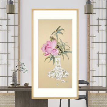 中国水墨花鸟国画大写意花瓶与花纯手绘国画原木画框