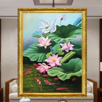 写实花鸟油画荷花与九鱼图寓意和和美美家大业大纯手绘写实油画