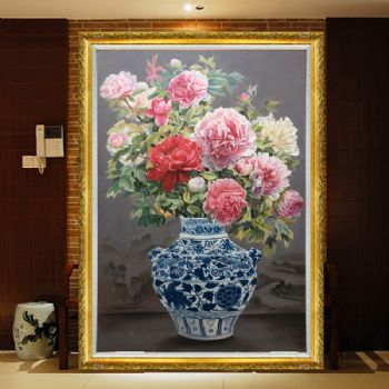 实力画家黄荣梅纯手绘写实花卉油画青花瓷牡丹图新中式油画实木画框