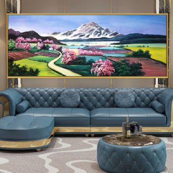 纯手绘美式风景油画桃花开时的田园风光景物油画写意风景画