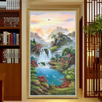 新中式纯手绘玄关油画高品质风水油画山水风景画实木画框