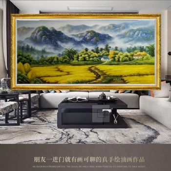 纯手绘油画黄金满地新中式丰收的季节风景油画背有靠山风水油画实木画框
