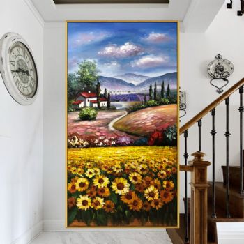 纯手绘美式风景油画花海向日葵田园风光景物油画大写意风景画