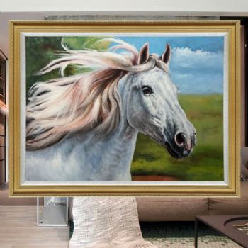 纯手绘动物油画写实马头骏马图白马油画适合办公室挂画