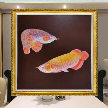 实力画家黄荣梅纯手绘写实动物油画龙鱼图新中式油画九鱼图实木画框抖音