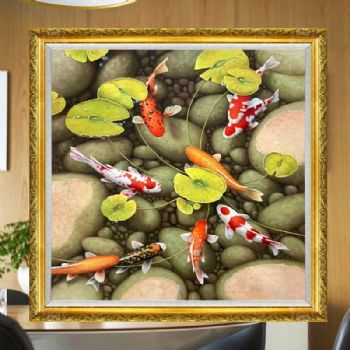 纯手绘九鱼图精品动物油画新中式客厅玄关油画实木画框