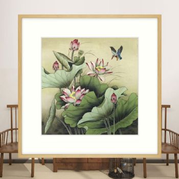 精品四尺斗方水墨花鸟画纯手工笔荷花写实画原木画框