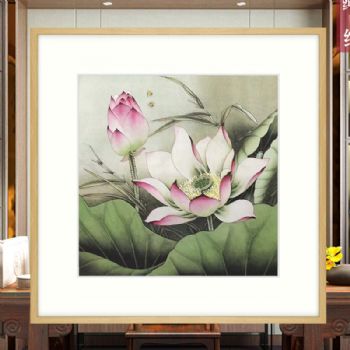 中式手绘水墨国画经典四尺斗方工笔国画荷花图寓意和和美美原木色画框