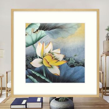 传统中式手绘水墨国画经典工笔国画荷花图寓意和和美美原木色画框