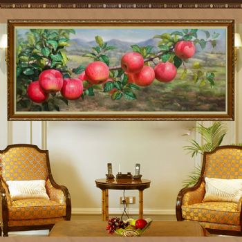 红红的苹果树实力画家新中式纯手绘超写实水果静物油画实木画框