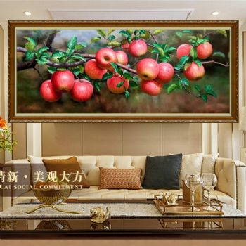 实力画家新中式纯手绘超写实水果静物油画苹果树作品平平安安多子多福实木画框