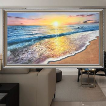 美式海景画写实精品油画欧式风景油画纯手绘海浪风景画实木画框