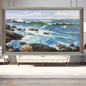 纯手绘海浪风景画写实精品油画欧式风景油画飞翔的海鸥实木画框