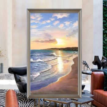 海湾沙滩纯手绘美式风景油画景物油画写实风景画实木画框