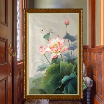 小荷莲蓬蜻蜓立上头实力画家写实荷花图新中式纯手绘高品质荷花油画