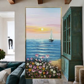 花海风景现代艺术手绘抽象厚肌理玄关装饰画一帆风顺