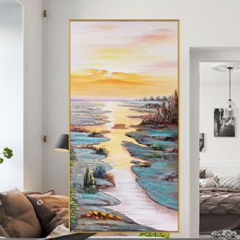 现代简约厚肌理抽象手绘油画日出东方风景油画