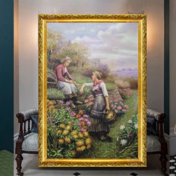 独家裂纹麻布油画 欧式油画 纯手绘手工 两位采花的姑娘 欧美人物画