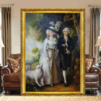 独家裂纹麻布油画 欧式经典油画 纯手绘手工 欧式贵族生活场景散步溜狗 欧美人物画