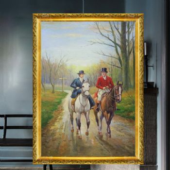 独家裂纹麻布油画 欧式经典油画 纯手绘手工 树林骑马 欧美人物画