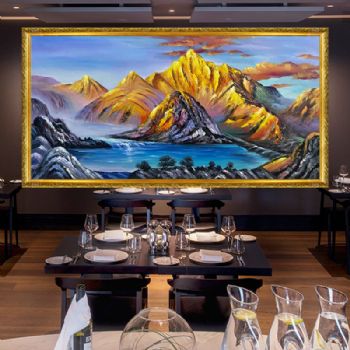 新中式山水油画 纯手绘风景画 金山银山 酒店大厅装饰画 实木画框