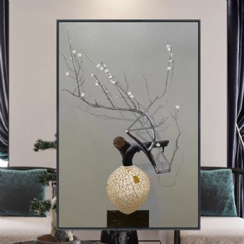 新中式枝上桃花开纯手绘手工油画艺术作品金色裂纹古朴艺术画厚肌理油画