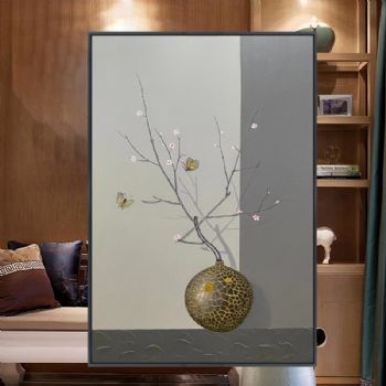 新中式蝶恋花纯手绘手工油画艺术作品金色裂纹古朴艺术画厚肌理油画