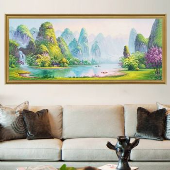 新中式山水油画 纯手绘风景画 风水画 青山绿水装饰画 实木画框