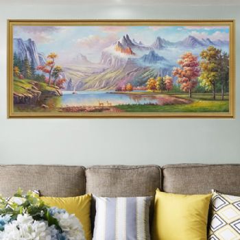 新中式风水山水油画 纯手绘风景画 聚宝盆 路路通 风水装饰画 实木画框