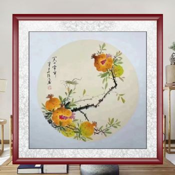 手绘水墨画花卉国画石榴图笑口常开小写意斗方画