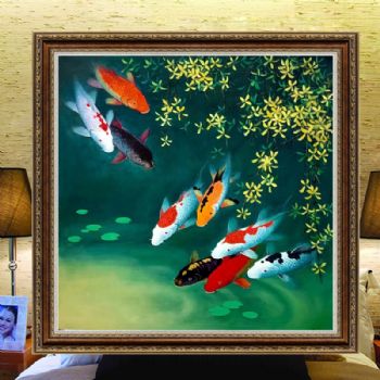 品质工笔油画新中式纯手绘动物油画适合餐厅走廊动物油画九鱼图