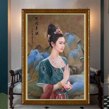 纯手绘手工写实油画只些青绿人物油画工笔写实画