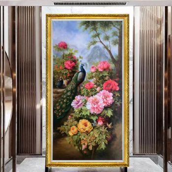 纯手绘精品油画孔雀牡丹图富贵牡丹玄关挂画低调奢华高货油画