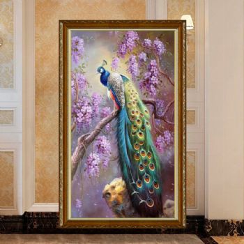 新中式纯手绘手工紫气东来孔雀图前程似锦吉祥如意