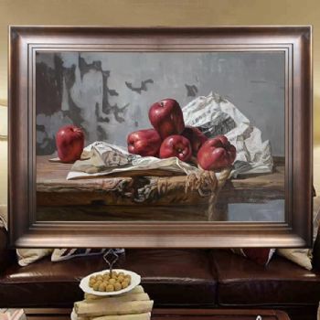 纯手绘超写实油画静物油画红苹果与报纸精品油画