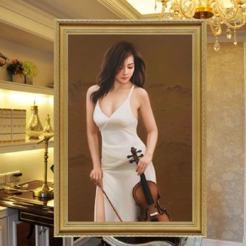 纯手绘人物油画美女图小提琴的女子写实人物油画