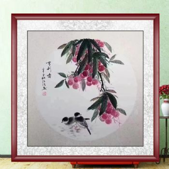 吉利图手绘水墨画花卉国画荔枝图斗方画小品