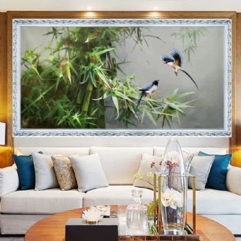 喜上枝头纯手绘花鸟油画喜鹊与竹林小写意风景油画