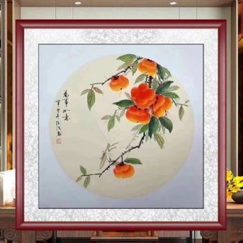 手绘水墨画花卉国画万事如意柿子图小写意斗方画小品