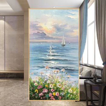 纯手绘一帆风顺花海风景油画玄关风景油画厚肌理写意风景画