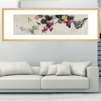 纯手绘写意床头画葡萄图多子多福喜上枝头中式水墨国画