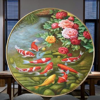 九鱼图新中式纯手绘锦鲤图写实动物油画年年有鱼花开富贵牡丹图