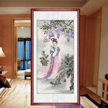 紫滕花下的美女图四尺精品仕女水墨工笔人物国画纯手绘国画