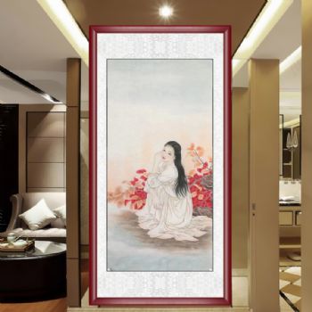 蹲下深思的美女图四尺精品仕女水墨工笔人物国画纯手绘国画