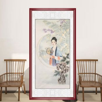 芭蕉叶窗前的美女图四尺精品仕女水墨工笔人物国画纯手绘国画