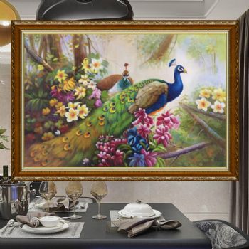 精品孔雀油画实力画家纯手绘新中式写实花鸟油画