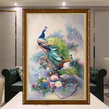 实力画家纯手绘新中式孔雀图适合客厅的写实花鸟油画