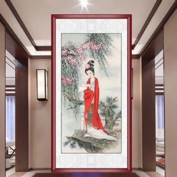 红衣仕女树下阅书图四尺精品仕女水墨工笔人物国画纯手绘国画