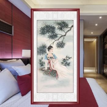 手执荷花圆扇仕女图四尺精品仕女水墨工笔人物国画纯手绘国画