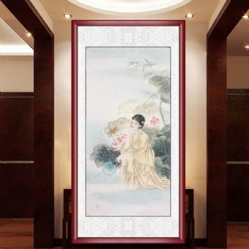 荷花池边上相思仕女图四尺精品仕女水墨工笔人物国画纯手绘国画